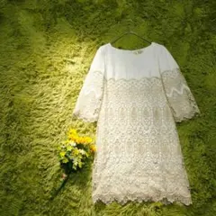 【グレースコンチネンタル】レース装飾 七分袖 膝丈ワンピース　M　ベージュ