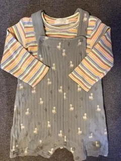 バースデイ　オーガニックコットン　アヒル　サロペット　ストライプ　ロンパース