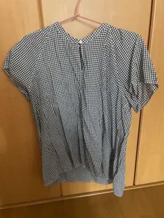 無印良品　強撚ボイルフレンチスリーブブラウス　黒チェック　Ｌ　コットン