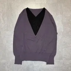 ニット セーター 刺繍入りVネック 紫 パープル 黒 ブラック 長袖