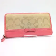 【美品】COACH コーチ 長財布シグネチャー リボン ピンクラウンドファスナー