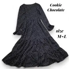 クッキーチョコレート ランダムドット ロングワンピース M〜L Aライン 黒のサムネイル