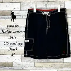 198）US古着90'sポロラルフローレン　スイムカーゴショートパンツ　刺繍　黒