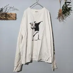 BRANDALISE 花束プリント【L】長袖カットソー 英字ロゴ バンクシー 白