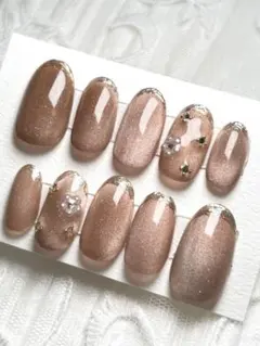 マグネットミラーフレンチ　ネイルチップ　ゴールド　ミラーネイル　フレンチ