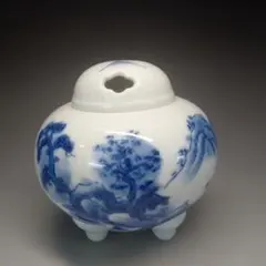 逸品】高麗庵清六窯 中村清六作 白磁 染付山水 香炉 佐賀県重要無形