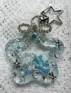 ハンドメイド 星型 シャカシャカキーホルダー 水色