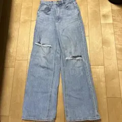 GU 데미지 가공 와이드 데님 팬츠 라이트 블루