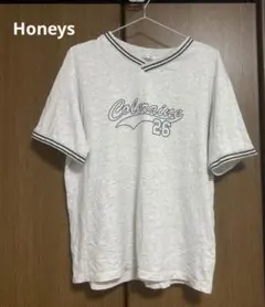 COLZA Vネック ロゴTシャツ ライン入り 半袖 グレー