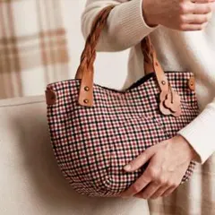 赤系 チェック柄 ミニサイズ ハンドバッグ トートバッグ レザーチャーム付き