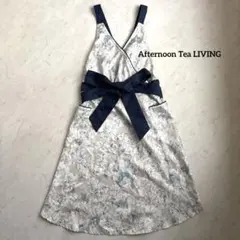 【美品】Afternoon Tea アフタヌーンティー　花柄エプロン　ブルー