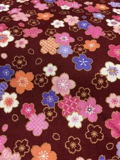 和柄　桜花柄プリント綿生地 赤茶色