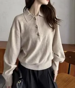 ゴールドボタン付きポロカラー ニット
