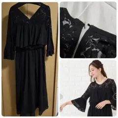 【ボタン欠品】シフォン胸元プリーツロングワンピース・ドレス