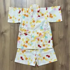 キッズ 甚平 上下セット 金魚・花柄 オフホワイト 女の子　90cm