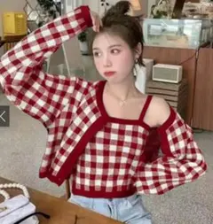チェック柄ショート丈カーディガンXキャミソールニットアンサンブル