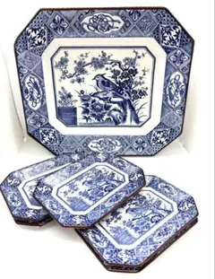 骨董】伊万里 印判 藍染 花鳥文八角大皿 隅切り角皿 伝統文様 貫入有