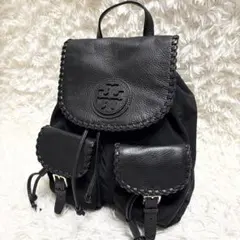 美品 トリーバーチ リュック ナイロン レザー 革 デカロゴ 編み込み ブラック