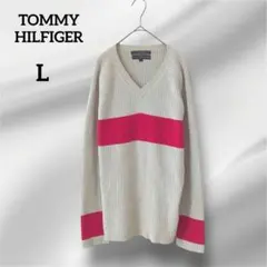 美品　トミーヒルフィガー　 ニットセーター 　Vネック　ベージュ 赤　L