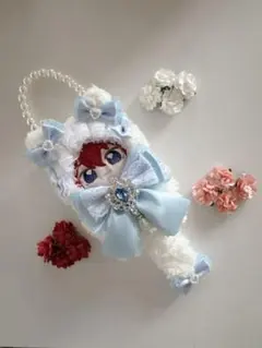 ぬい服 12cmサイズ ねこさんケープ(ホワイト)水色リボン