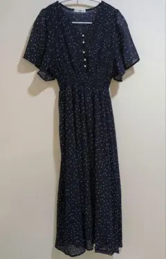 natural couture ネイビー ドット柄 半袖ワンピース