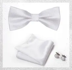 蝶ネクタイ　チーフ　3点セット　結婚式　新郎　パーティー　撮影　白　3/30