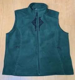 古着　フリースベスト ダークグリーン 刺繍入り