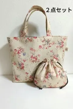 お取り置きです。花柄　ミニトートバッグと巾着ポーチのセット　ハンドメイド