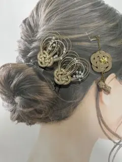 《セットでお得》和装　髪飾り　水引アクセサリー　かんざし　ヘアピン　ベージュ