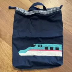体操着袋　巾着　紺色チェック　 新幹線はやぶさハンドメイドバッグ