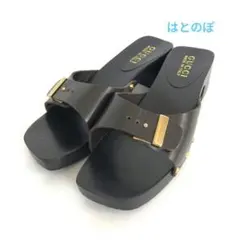 GUCCI ウッドソール スタッズ 金具 刻印 レザー サンダル ダークブラウン