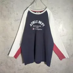 Champion 薄手スウェット ラグラン 刺繍ロゴ カレッジ ネイビー×グレー