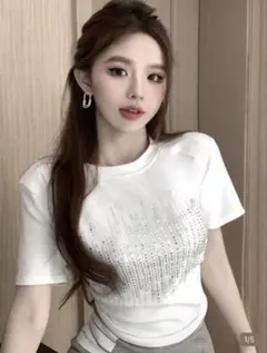 【即日発送】shein 半袖 Tシャツ ラインストーン ホワイト