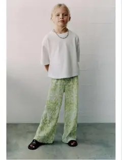 ZARA キッズ 新品 プリーツプリントパンツ 140 グリーン