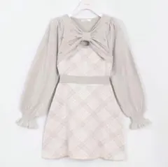 evelyn 長袖チェックリボンニット アイスグレイ