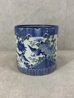 A-8 火鉢 高さ19.2cm 印判 鳥 雀 花鳥図 青 緑鉢カバー インテリアのサムネイル