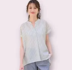 【洗える】スキッパーイージーストライプ シャツ Mサイズ