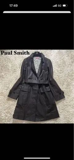 【美品】ポールスミス ロングトレンチコート レザー調 ベルト付 花柄 茶色 40