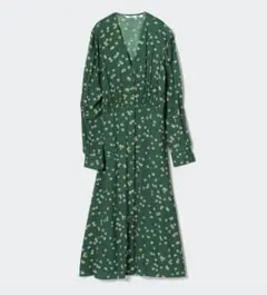 ユニクロ ☆ Vネックフレアワンピース 花柄 グリーン XXL