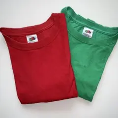 【まとめ売り】長袖コットンTシャツ2枚セット　赤・緑