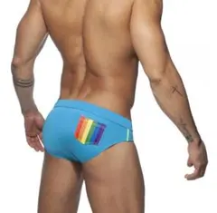 Men's competitive swimwear, blue, with rainbow pockets, size XL.