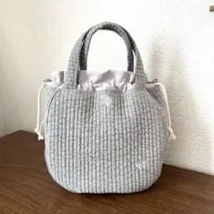 ハンドメイド　ラウンド型巾着ミニトートバッグ　グレー　ヌビ生地