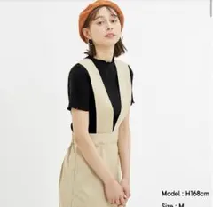 ブラック リブ編み フリル Tシャツ