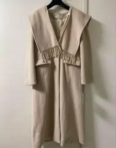 【未使用】LERASEレラーズ フリンジ付きベージュノーカラーロングコート