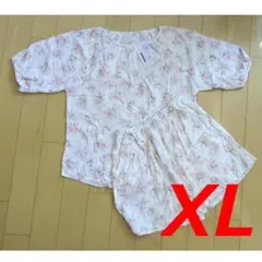 パジャマ　レディース花柄 XL 白/ピンク花柄 前開き 半袖半ズボン