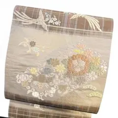 袋帯　菊桐菱唐織　格子　絣　七宝　菊花　鳳凰　金糸　着物　071b
