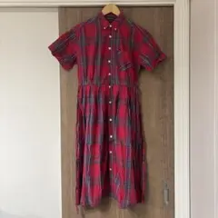 90s レトロ マドラスチェック シャツワンピース 赤 ヴィンテージ ロング