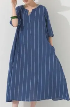 OMNES コットンボイルストライプカフタンスキッパー半袖ワンピースのサムネイル