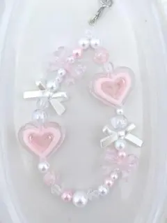 【一点物⋆˙⟡愛され】ピンクぷっくりハート×リボン〰︎︎ビーズストラップ C182
