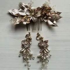 ヘッドドレスとイヤリングのセット ウェディング　ピンクゴールド フラワー　リーフ